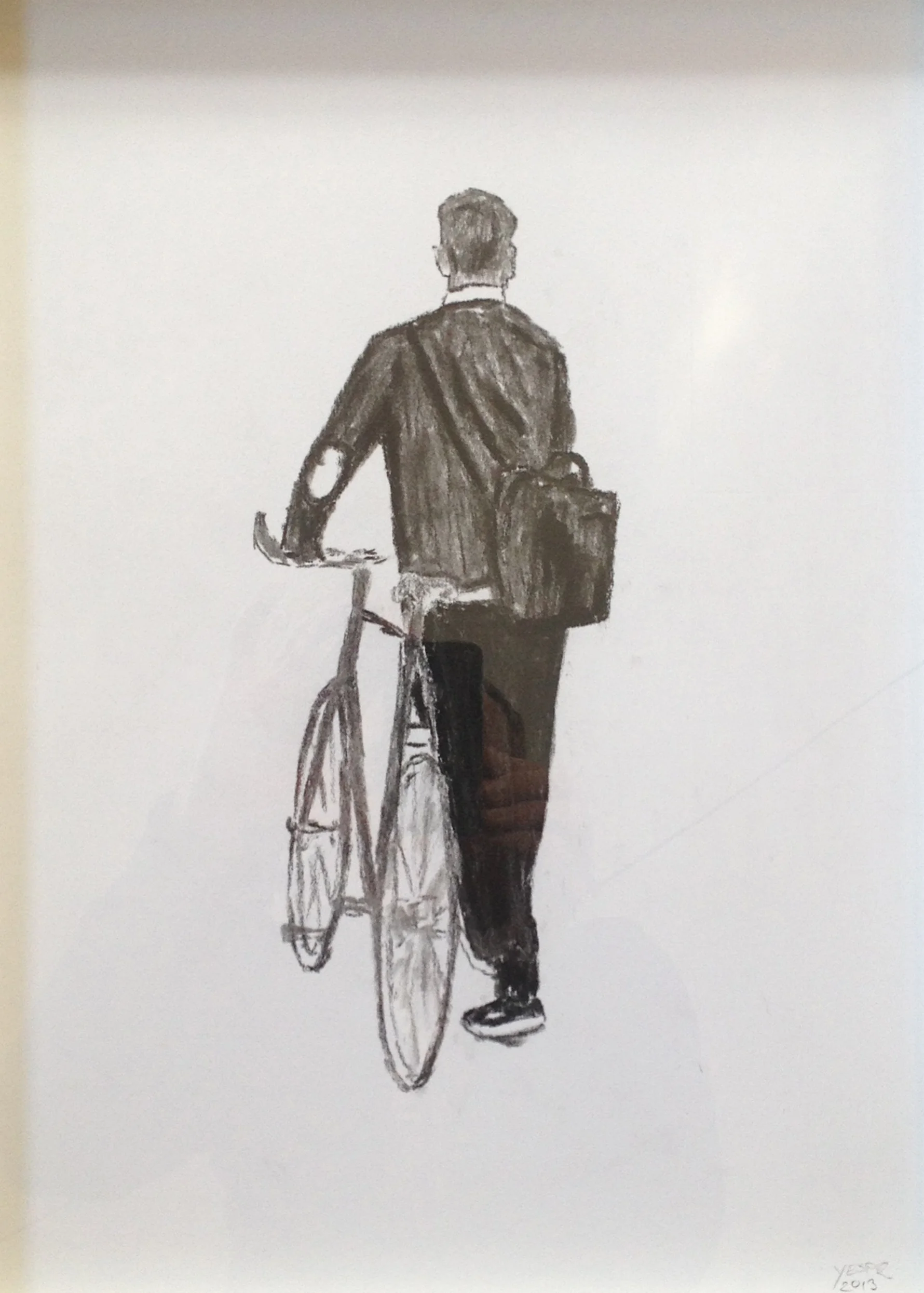 boy with bike coal drawing