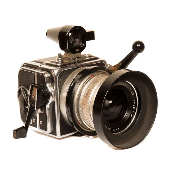 Hasselblad Super Wide C 1959-1980 Hasselblad's only fixed lens camera. About the equivalent to a 24mm lens on a 35mm camera. Note the detachable viewfinder. It not only enabled the photographer to see his subject area but also tell whether the aim was level through a side view bubble level. This camera was used by Rip Payne a Charlottesville, VA photographer.