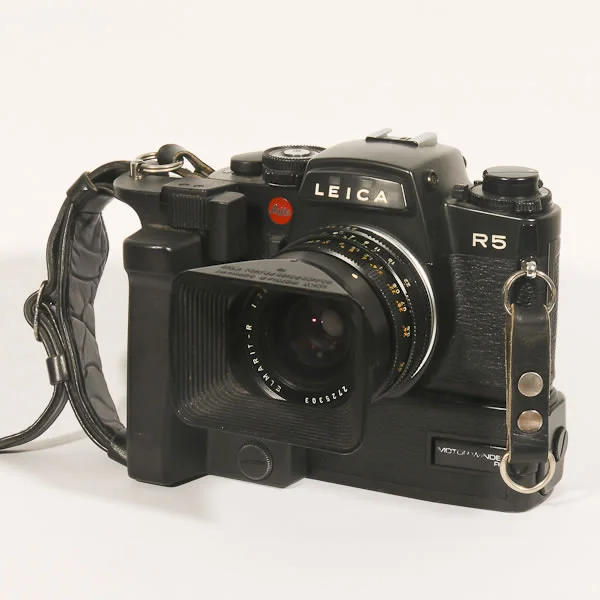 Leica R5 1986. 35mm film SLR. These cameras followered the R3's, parts of which were made by Minolta and the R4s which required more than normal repair. Fortunately the R5's were back to the quality for which Leica was famous.