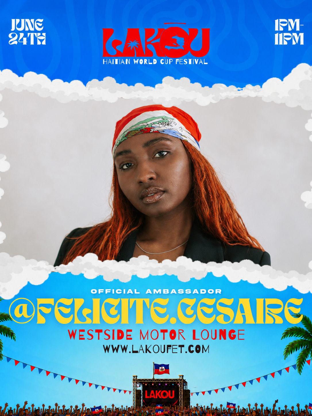 Promotional poster for the Haitian World Cup Festival featuring an woman with red hair wearing a Haitian flag bandana, with event details and a crowd scene at the bottom.