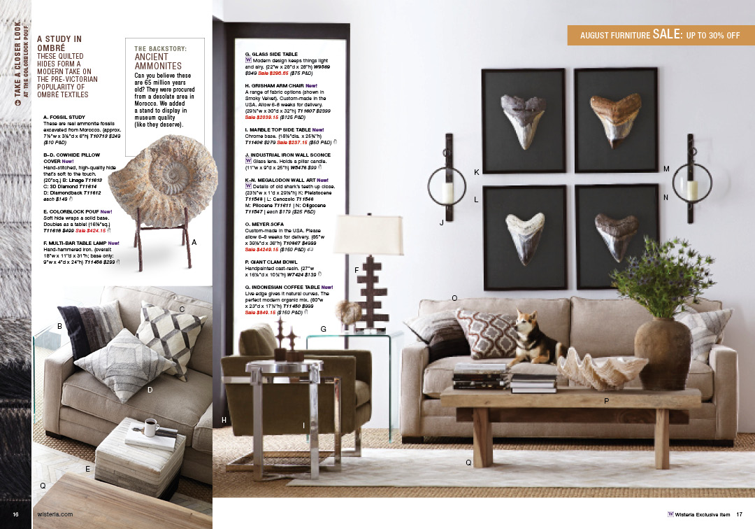Every year, our August catalog features our August Furniture Sale. To highlight furniture pieces, the catalog designer and I used a copy treatment for "A study in..." to add value proposition and background to a piece on that spread. You'll also notice we have "The Backstory," which fulfills the brand attributes of historical relevance and travel.