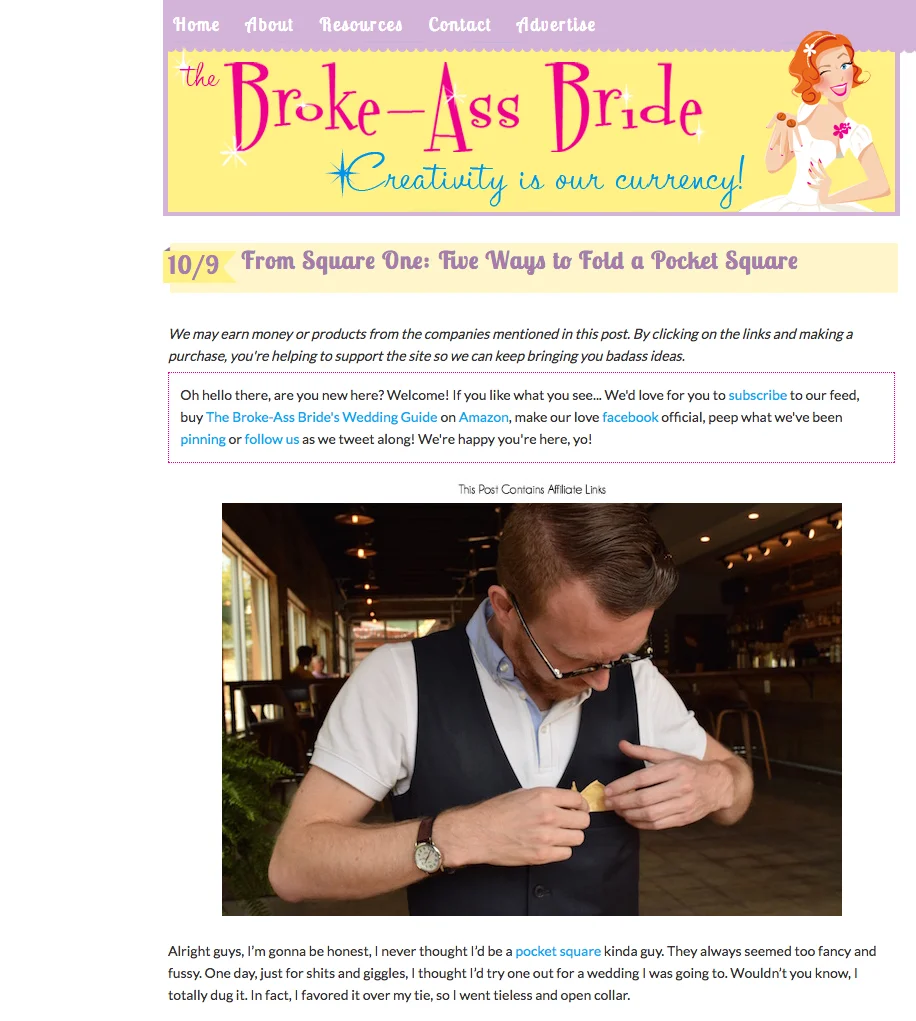 This was a fun project because I got to model and sample products from dessy.com! This was the first sponsored post I ever did and I had a lot of fun with it. Full story: https://www.thebrokeassbride.com/from-square-one-five-ways-to-fold-a-pocket-square/