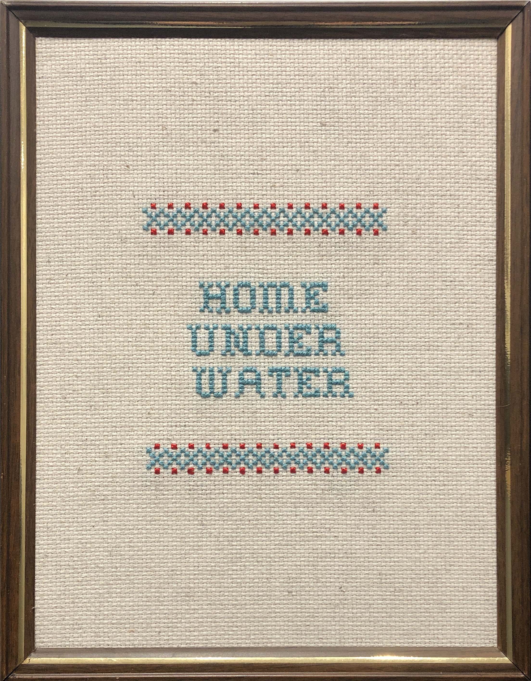   Home Under Water , embroidery floss on Aida cloth, vintage frame, 7" x 7", 2014 