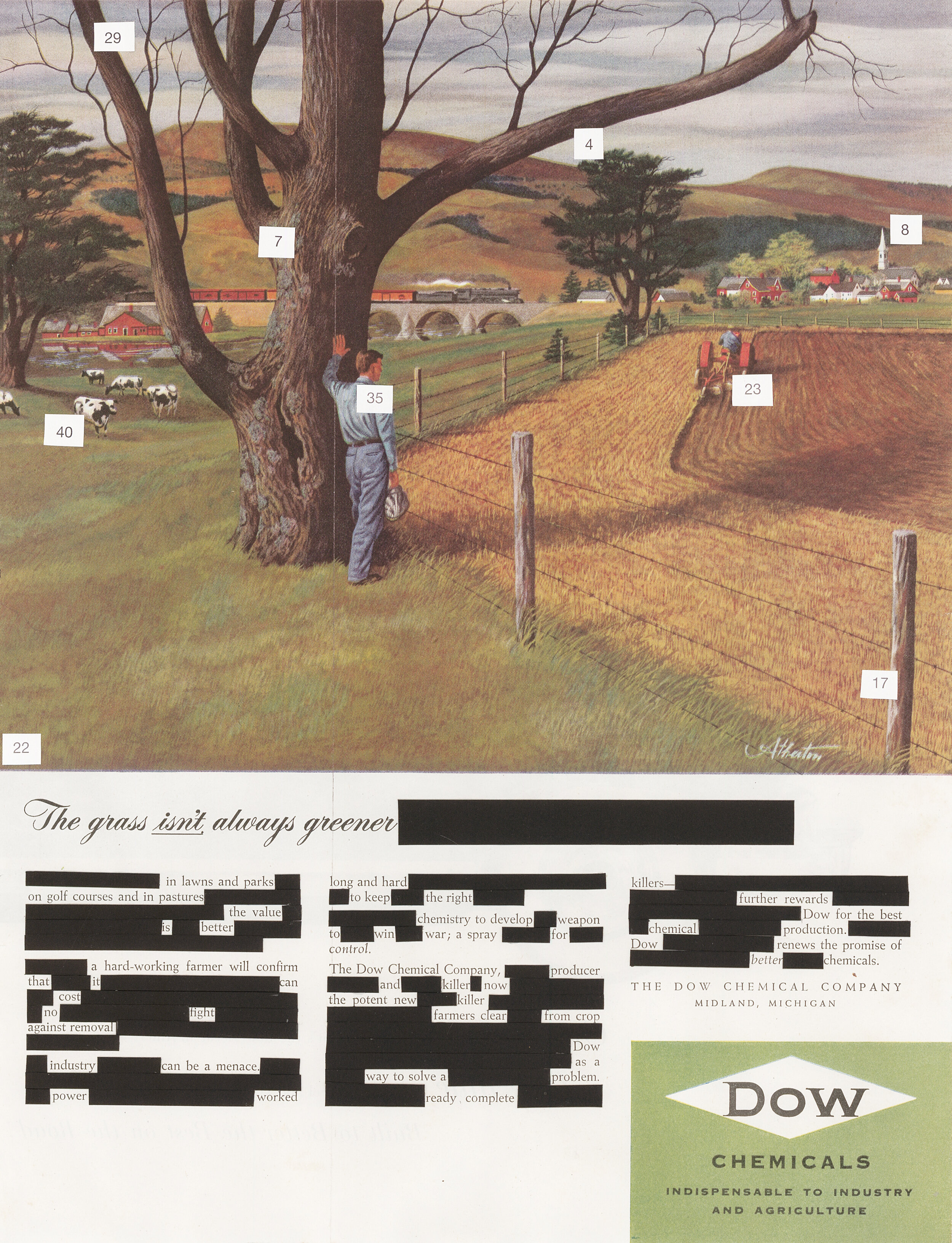   The Grass Isn’t Always Greener , collage on 1950 Dow Chemical magazine advertisement, 13.5” x 10.5", 2020 