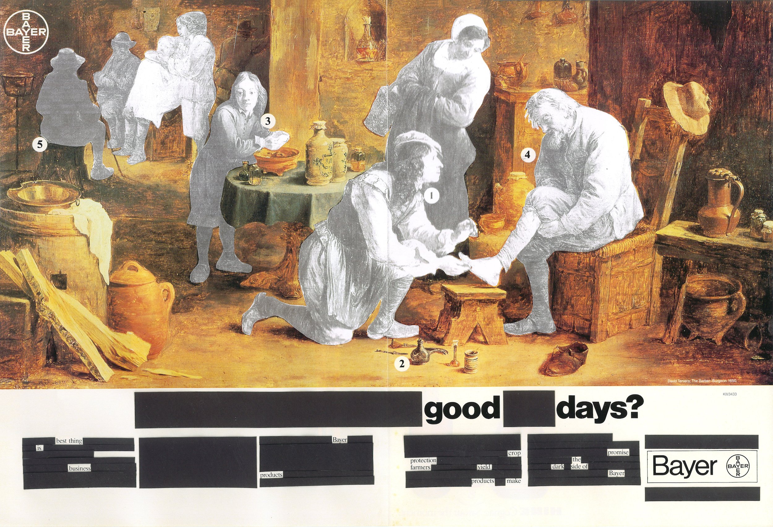   Good Days ?, collage on 1984 Bayer magazine advertisement, 11.5” 16.5”, 2022 