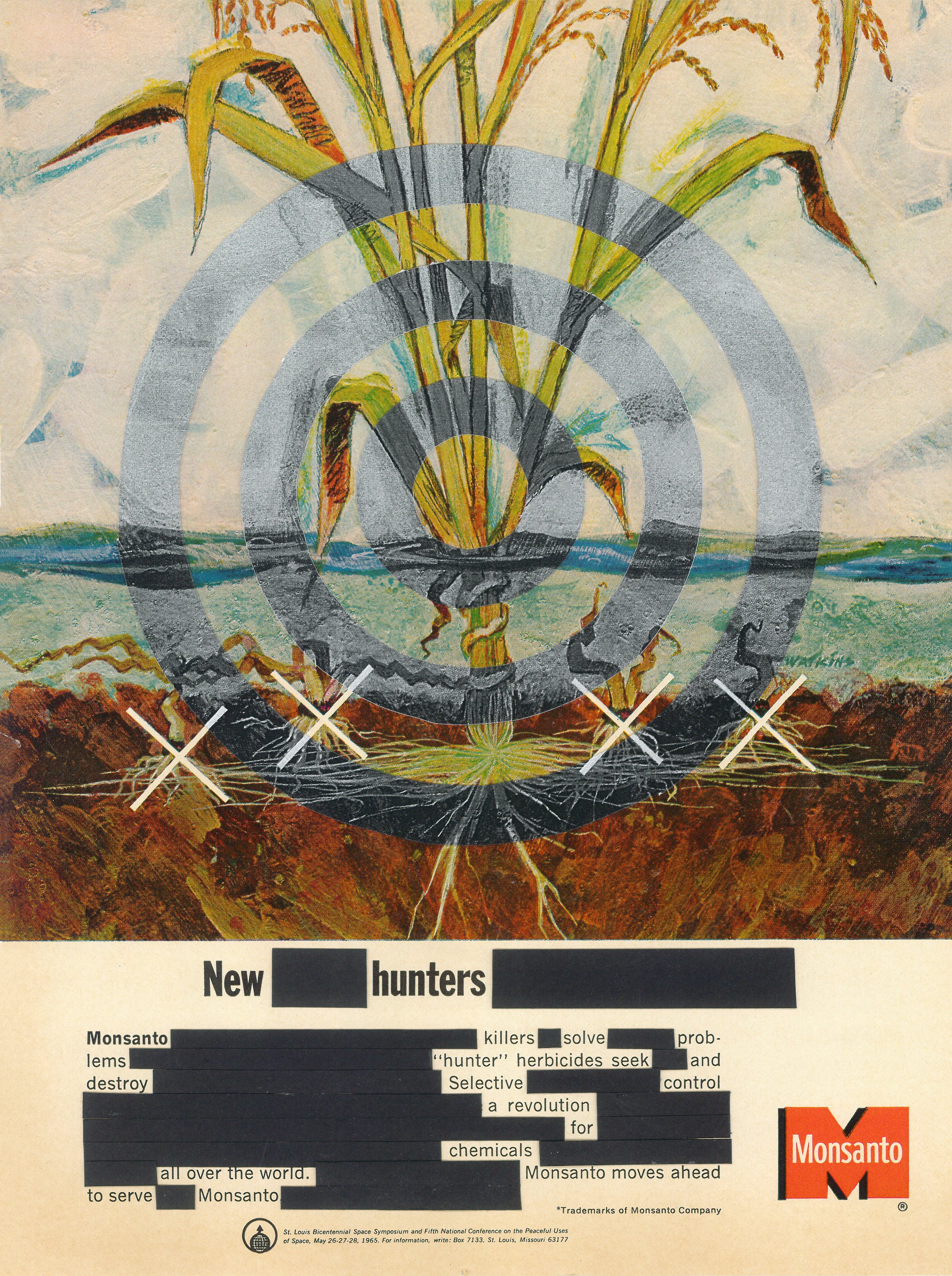   New Hunters ,  collage on 1965 Monsanto magazine advertisement, 11” x 8”, 2022 