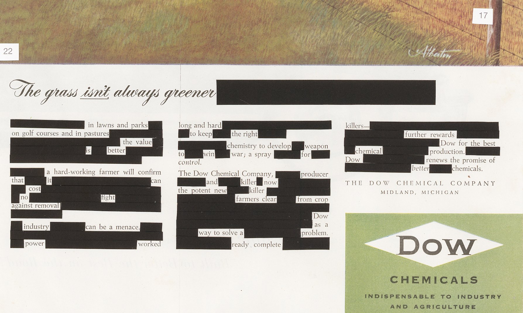   The Grass Isn’t Always Greener  (detail), collage on 1950 Dow Chemical magazine advertisement, 13.5” x 10.5", 2020 