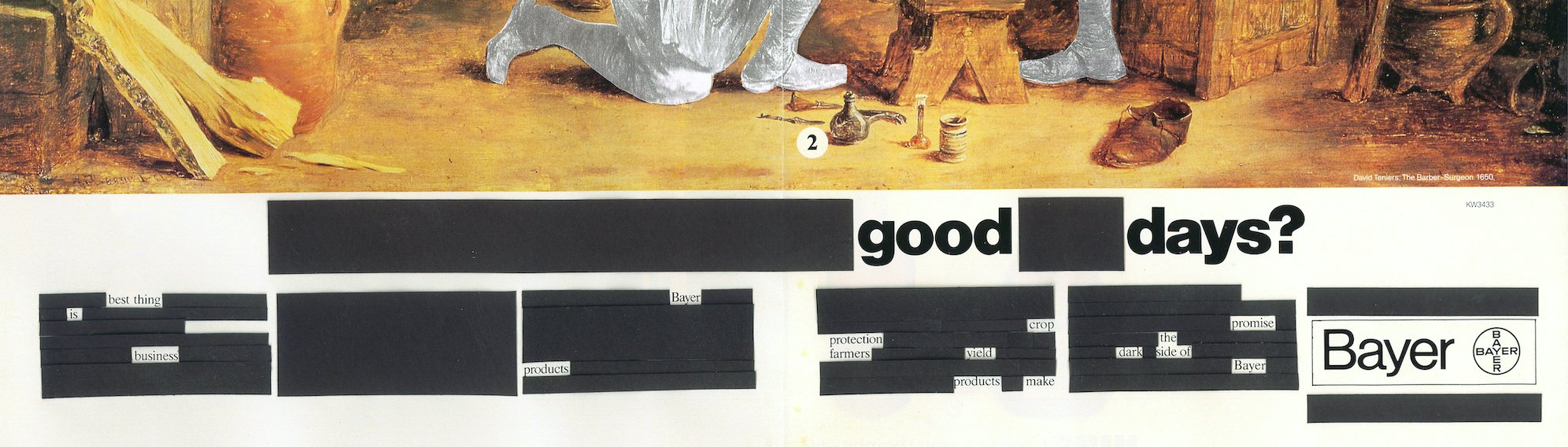   Good Days ?, (detail) collage on 1984 Bayer magazine advertisement, 11.5” 16.5”, 2022 