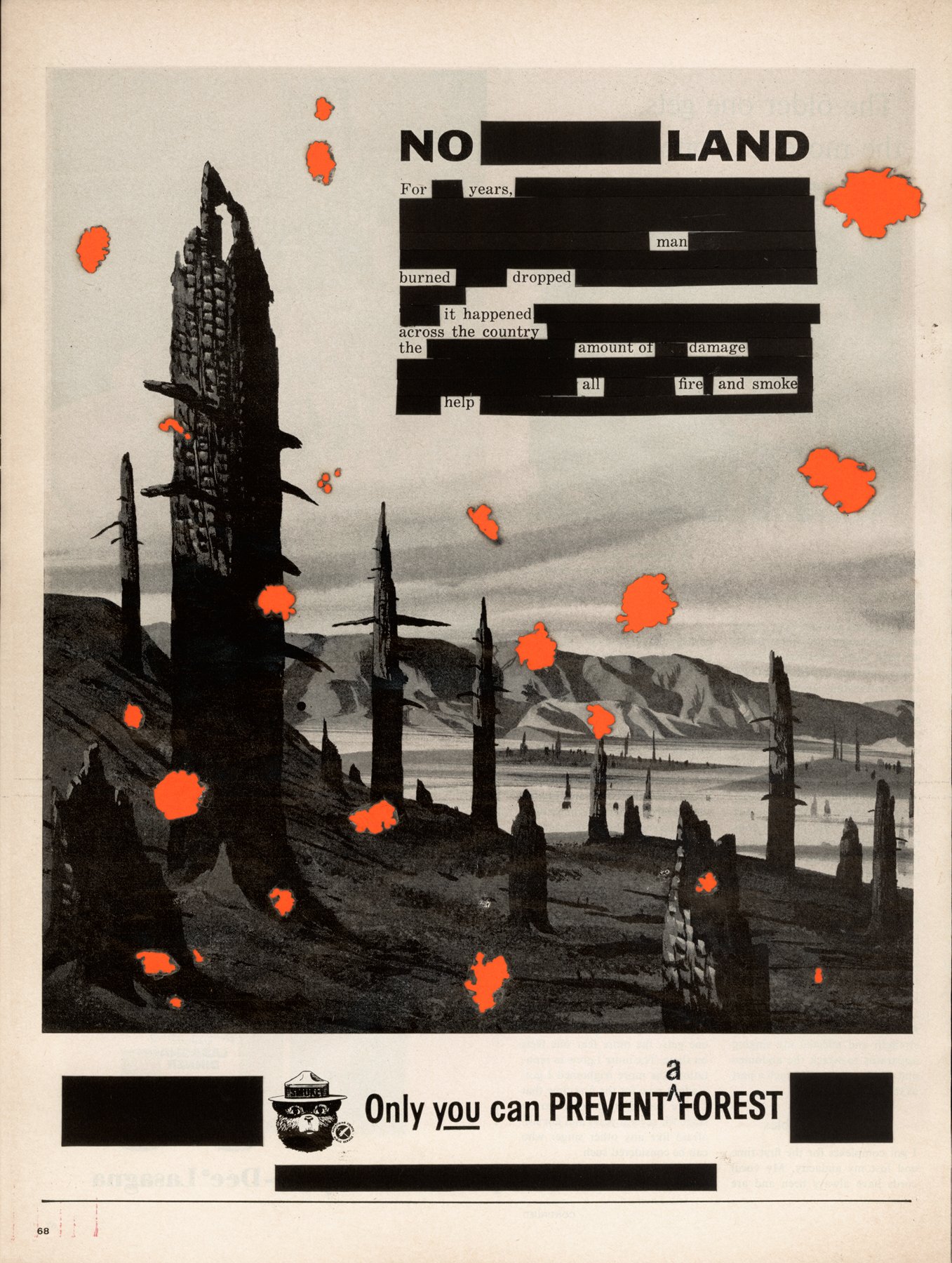   No Land ,  collage, burn holes, 1964 US Forest Service magazine advertisement, 13.75” x 10.25”, 2022 