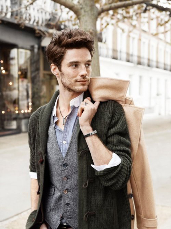 mens street style camel coat and cardigan with grey vest- cool dapper gentleman style.jpg