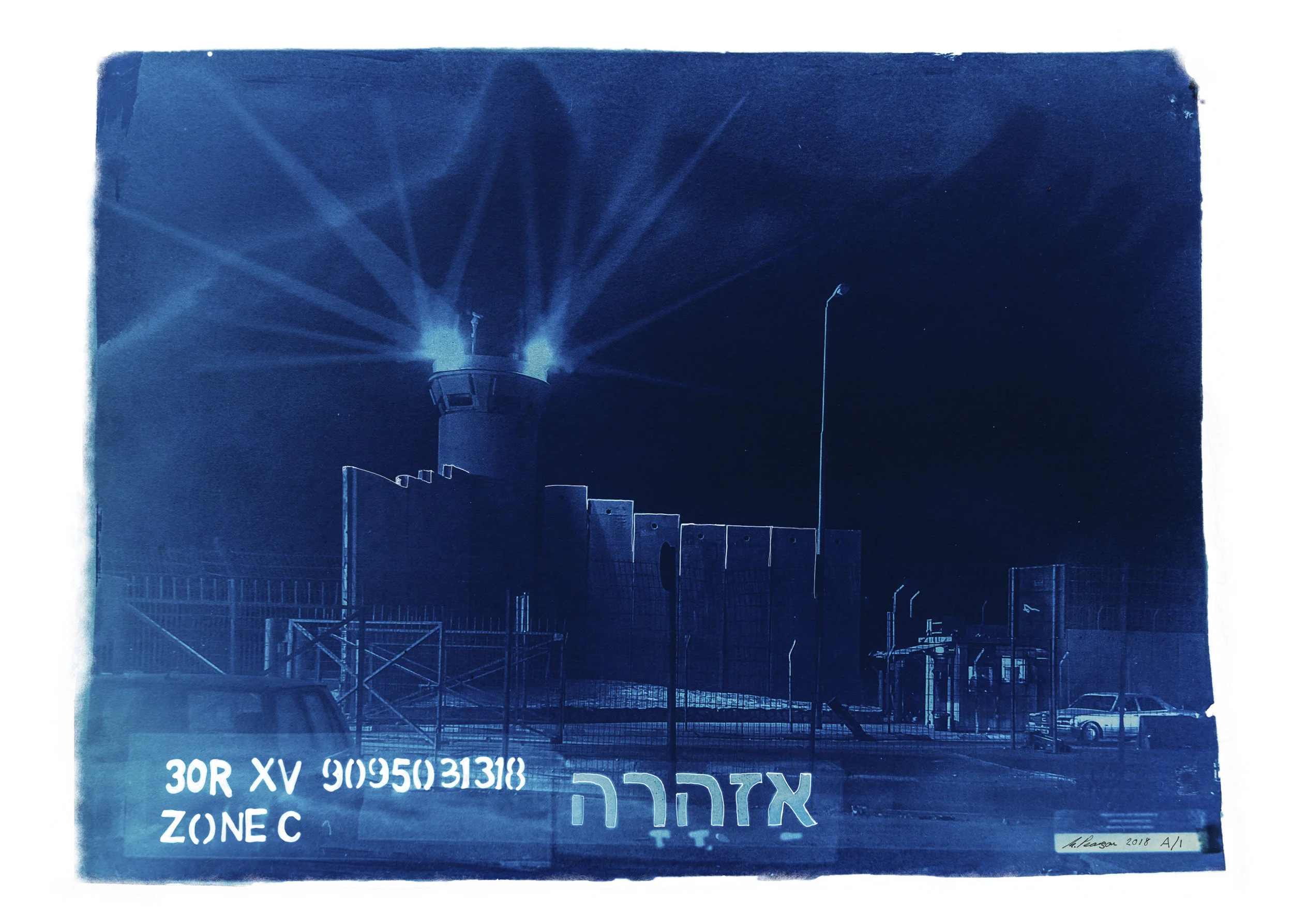 I am experimenting with light sensitive chemistry, writing and drawing inspiration from my time documenting parts of the region, to create an exhibition called Dystopia, Military Architecturte in the Holy Land.
