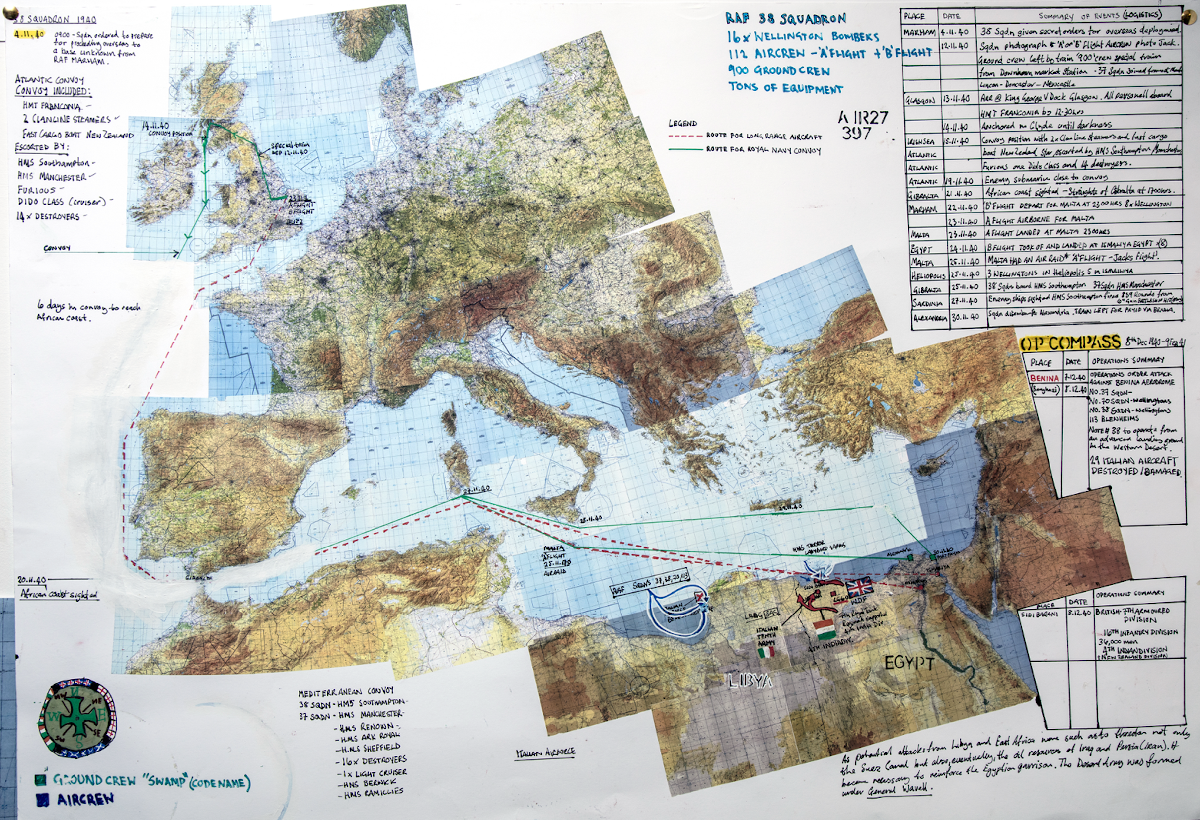 Large-format map artwork by Mark Pearson tracing No. 38 Squadron’s Second World War movement from Britain to the Middle East, with Wellington aircraft, ground-crew routes, bases and operations annotated across Europe and North Africa.