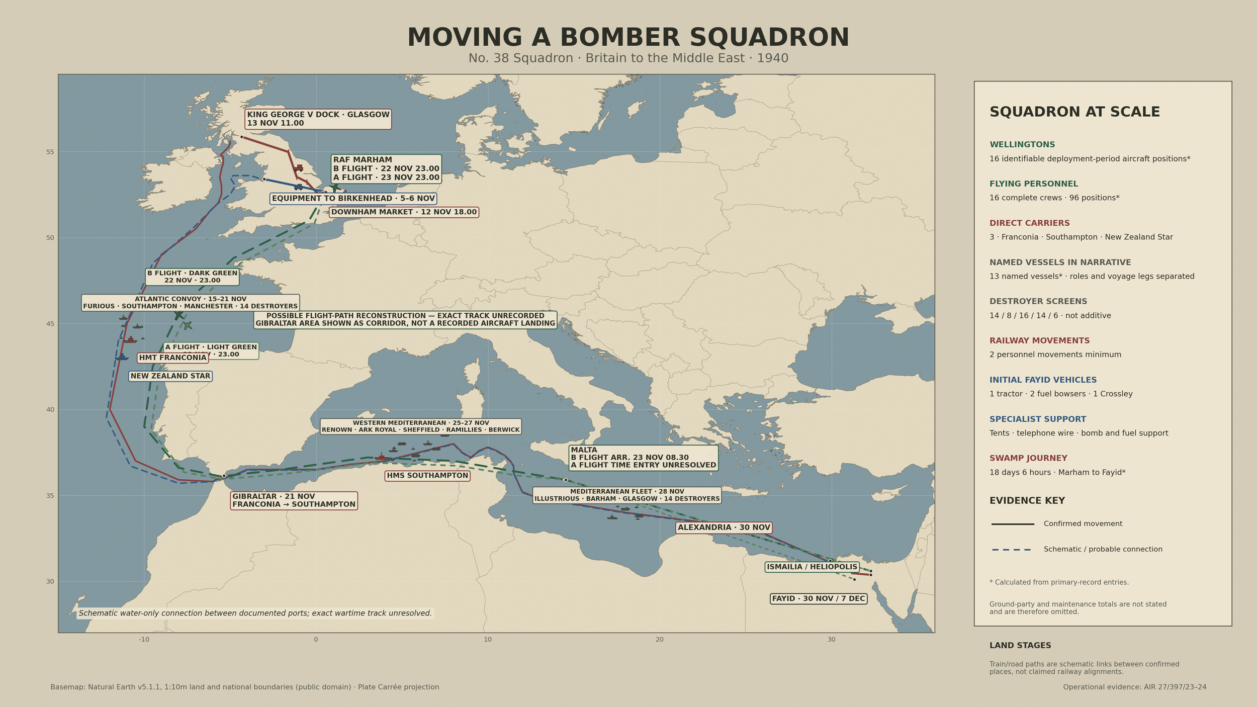 Map showing No. 38 Squadron’s separate aircraft, ground personnel, equipment and naval convoy routes from Britain to Egypt in 1940.