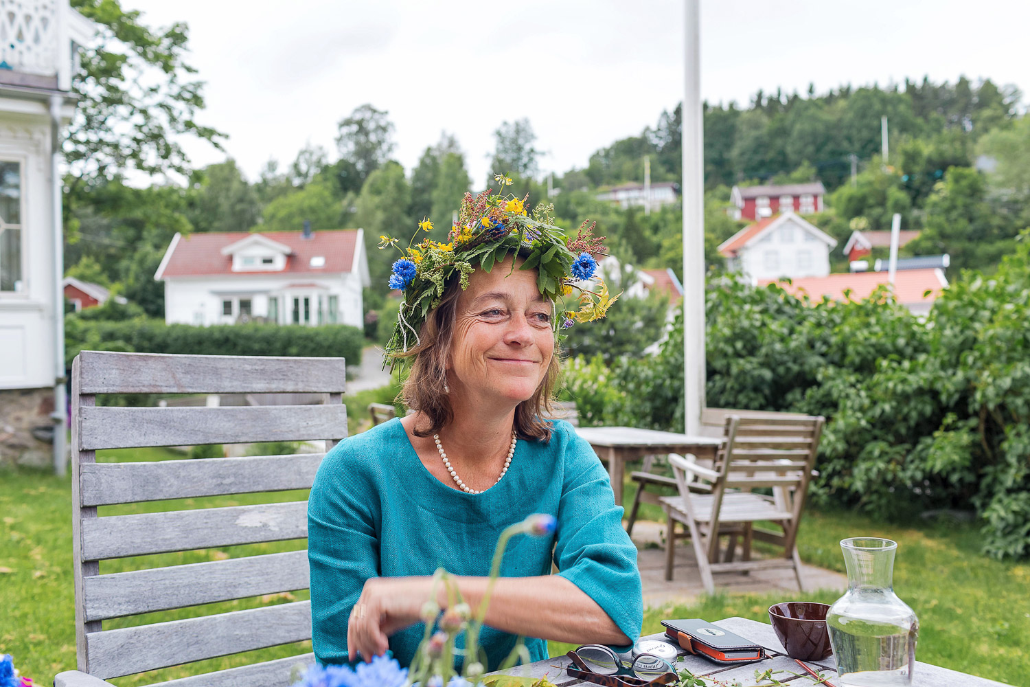 Vibs, the sweet owner of Slussen Pensionat, in her Midsummer flower crown 