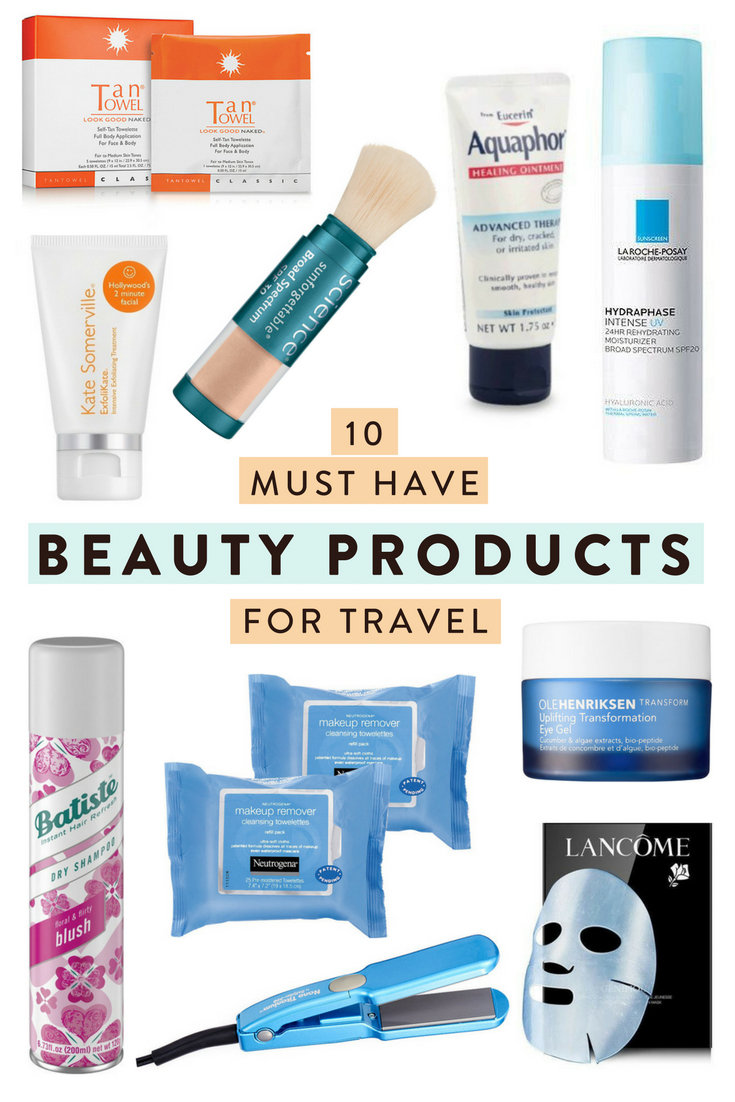 10 must have beauty products for travelers looking to bring the most important makeup, skin and hair care on their trip while still packing lightly!
