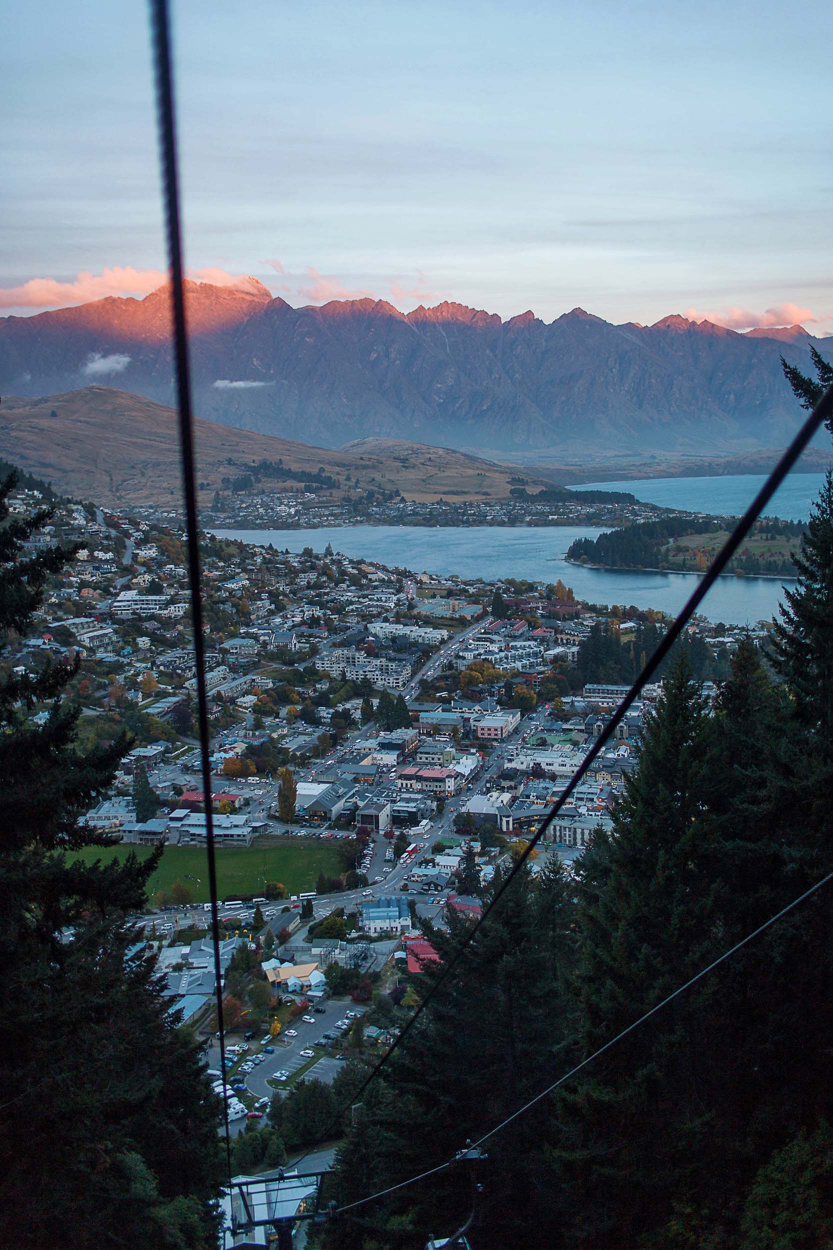 Sunset views of Queenstown coming down from the Skyline gondola