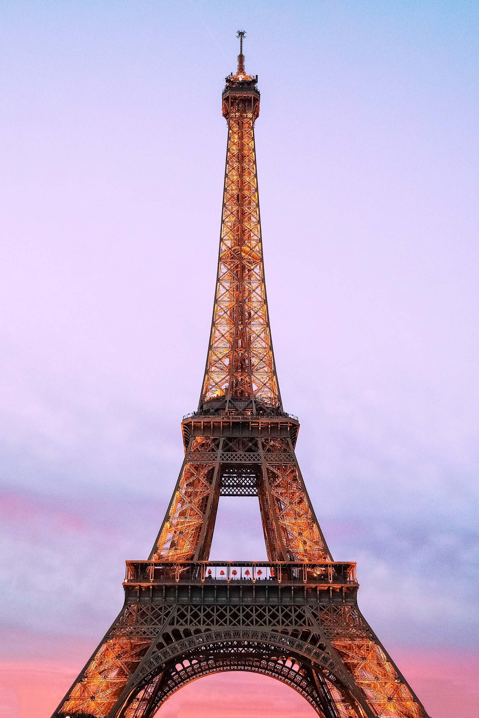 A colorful sunset at the Eiffel Tower in Paris in December