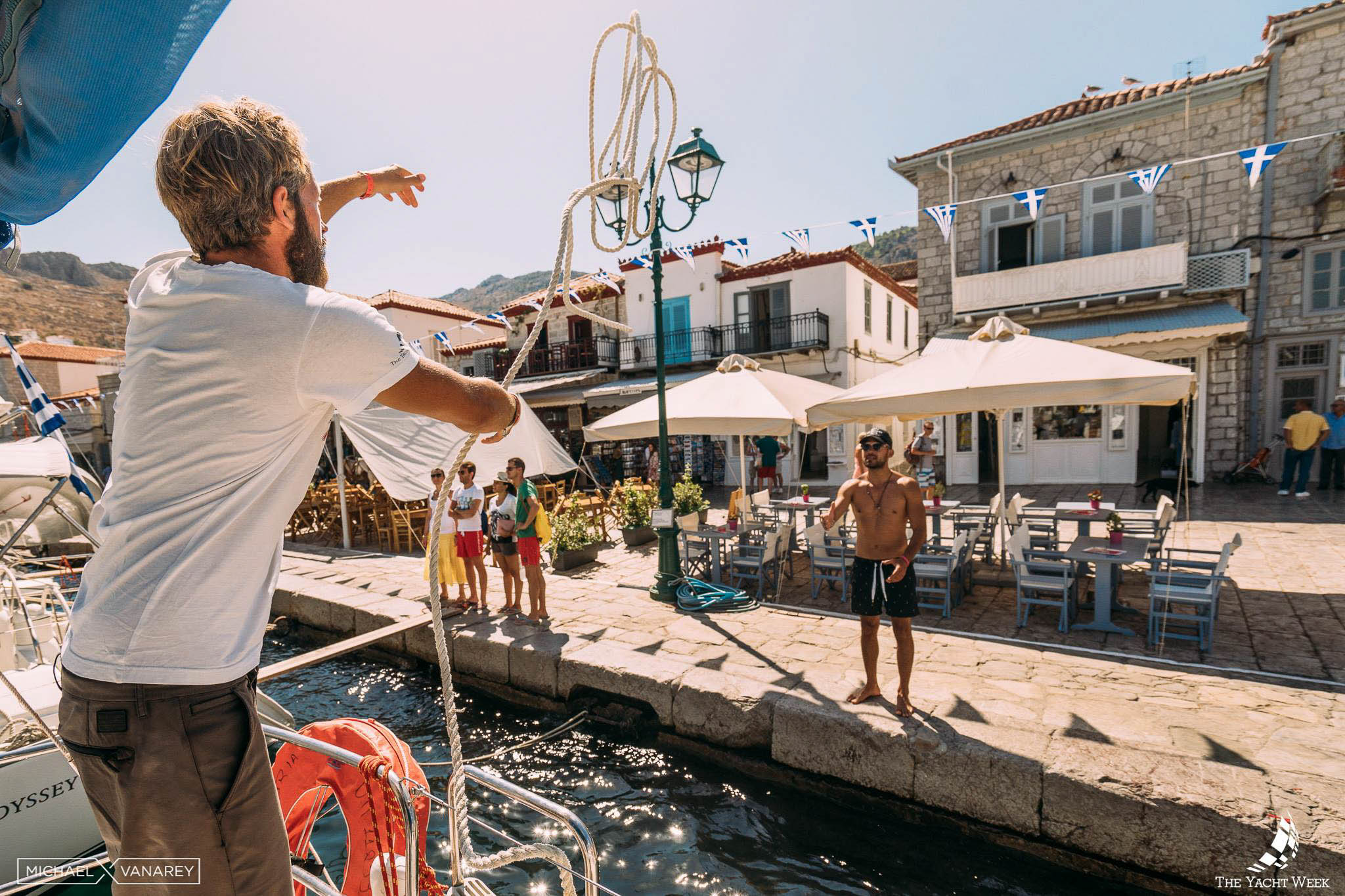 The Yacht Week docking in Hydra, Greece