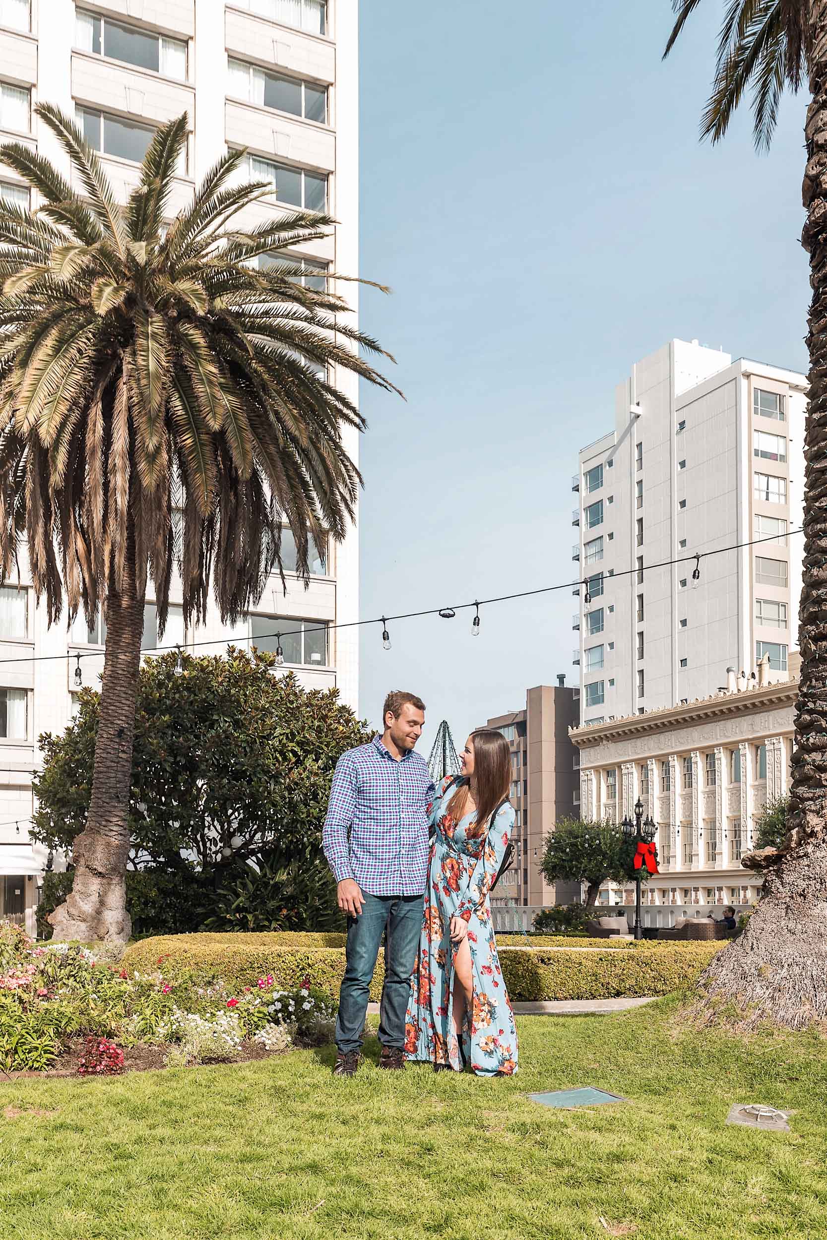 The rooftop garden on top of The Fairmont San Francisco offers beautiful skyline city views and is a great place to relax in the sunshine below the palm trees