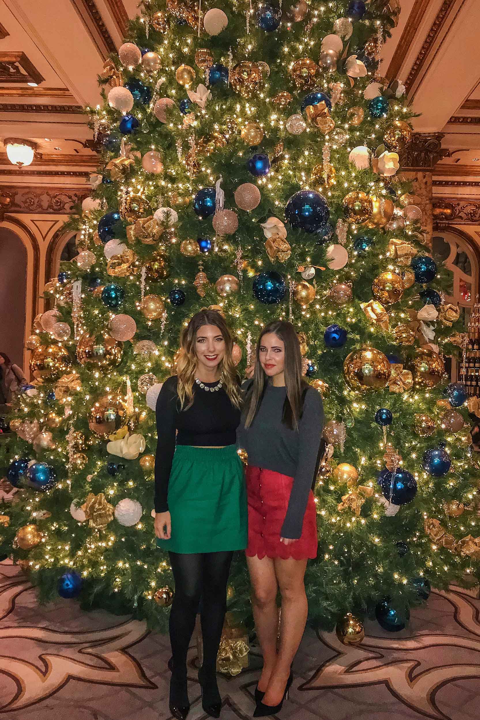 In front of the 23-foot tall Christmas tree at The Fairmont in SF after holiday gingerbread tea time