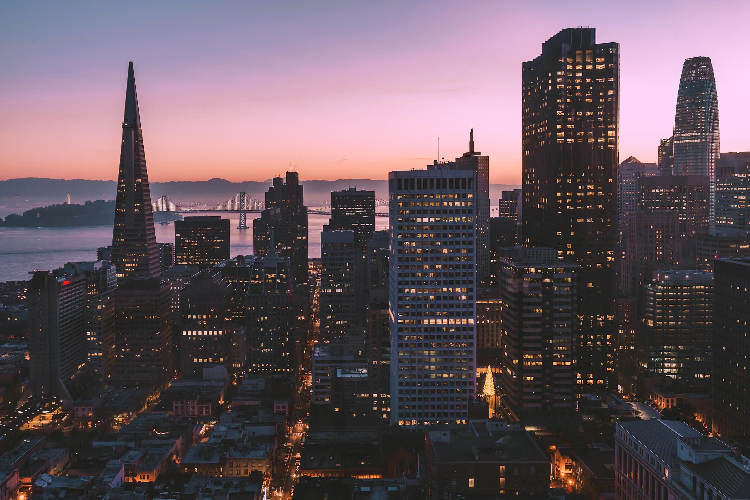 Cotton candy sunrise views of San Francisco from the Fairmont San Francisco