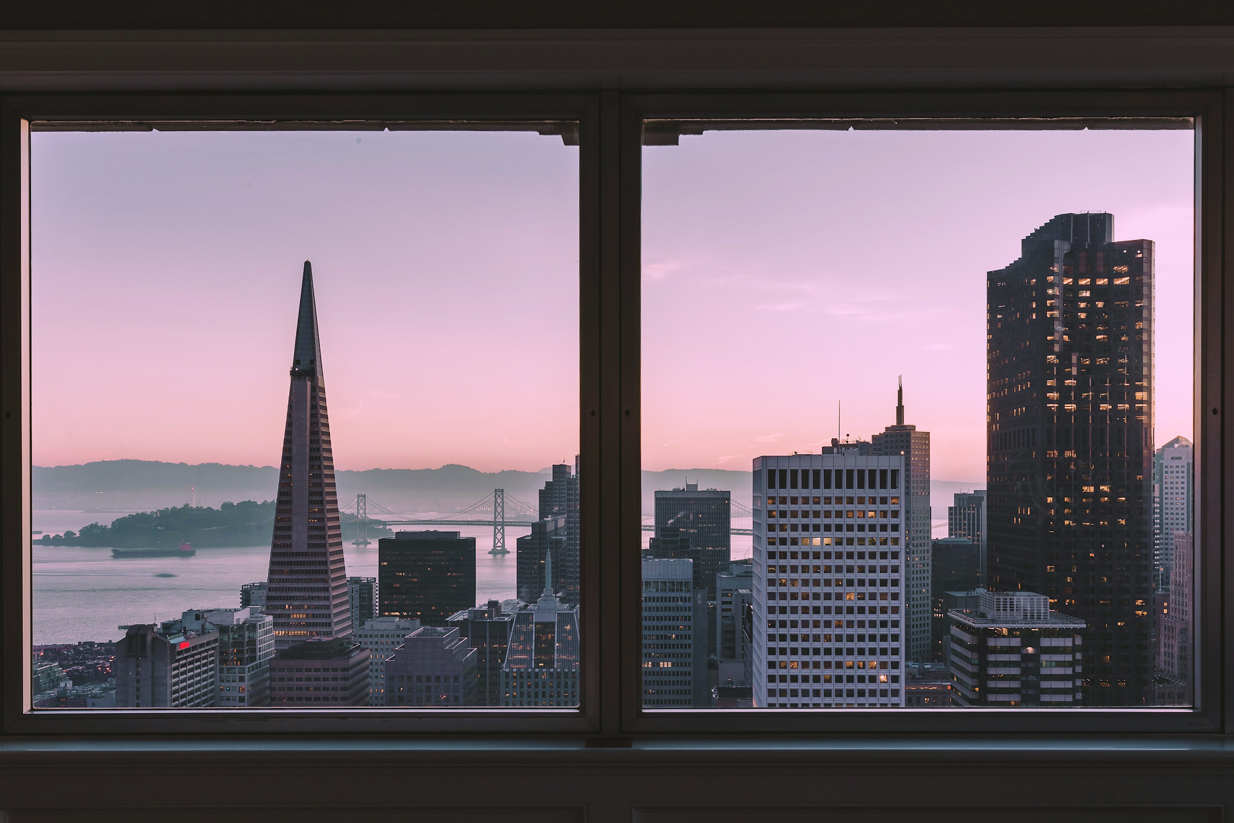  Sunrise views of San Francisco from bed in the Presidential Suite at the Fairmont San Francisco 
