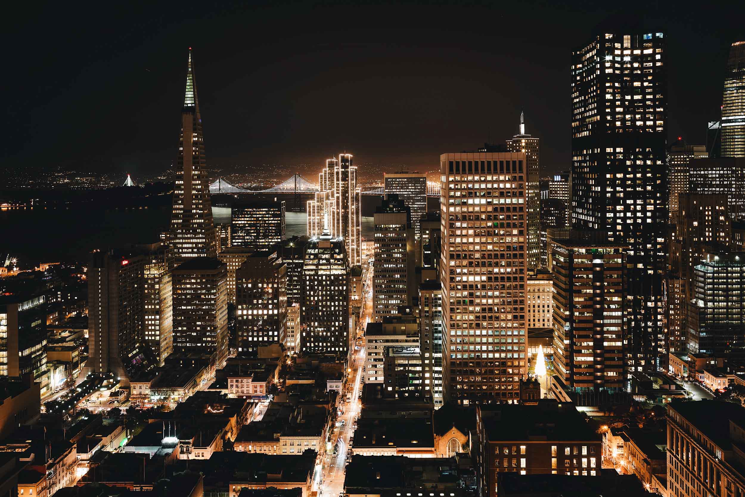 Nighttime views of downtown from the Fairmont San Francisco