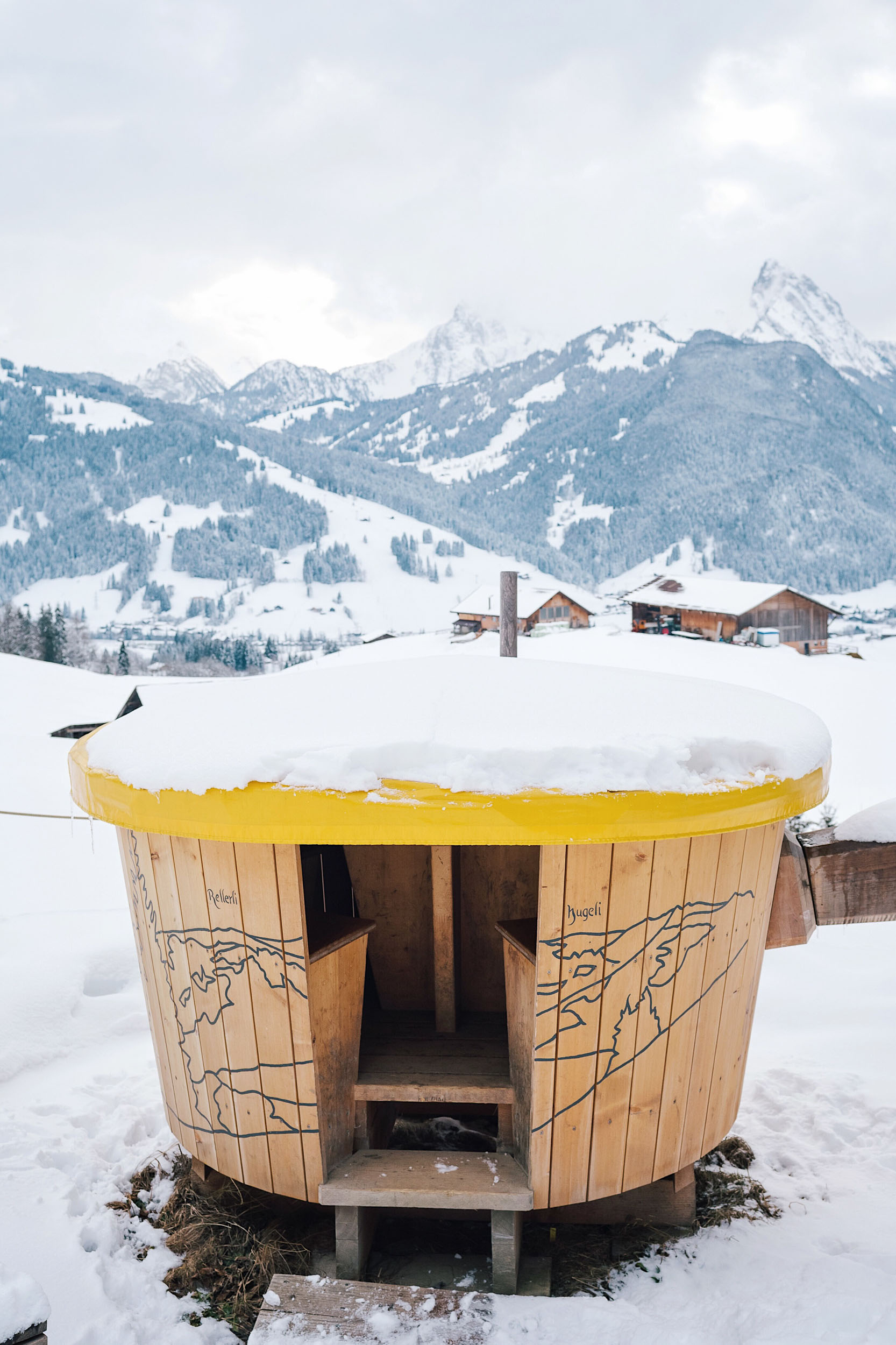 On your fondue hike in Gstaad you will dine inside a large, wooden seating area shaped like, you guessed it, a fondue pot!
