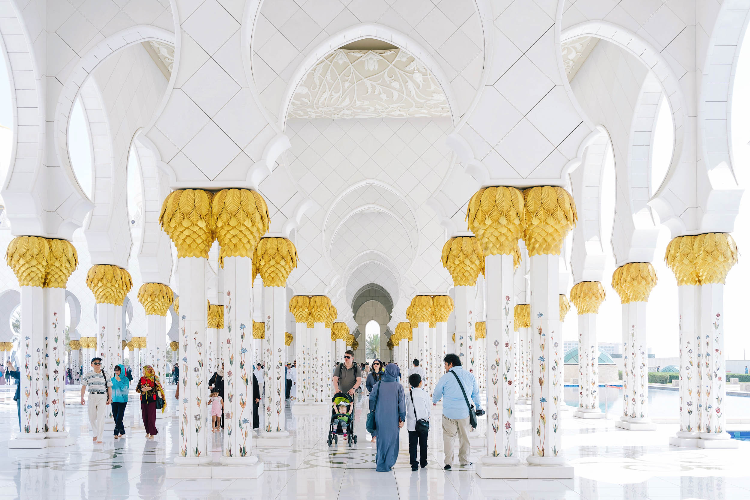 The Sheikh Zayed Grand Mosque is an unbelievably beautiful mosque in the city of Abu Dhabi, about an hour from Dubai.