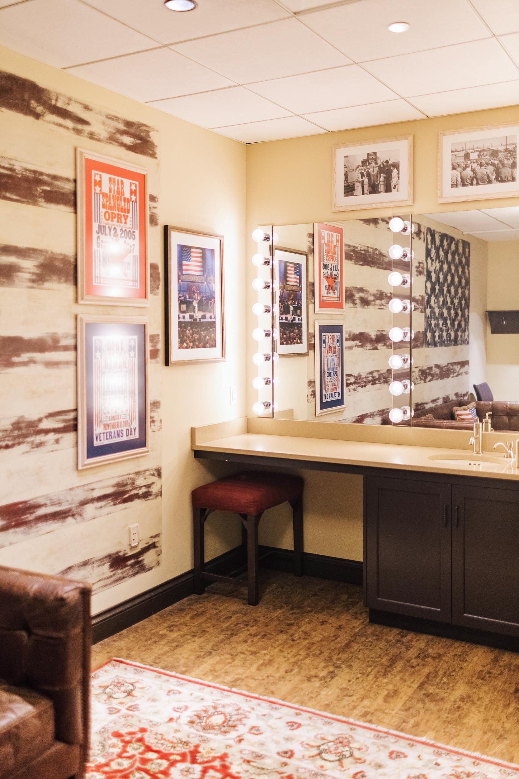 The stars and stripes themed dressing room backstage at the Opry