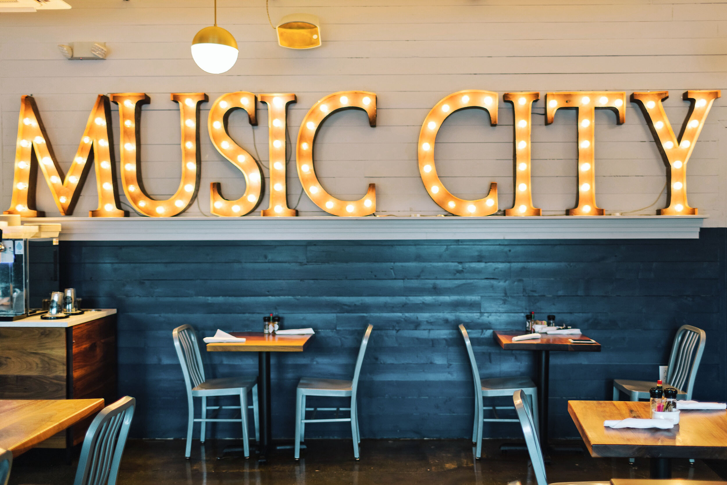 "Music City" marquee sign at Biscuit Love in Nashville