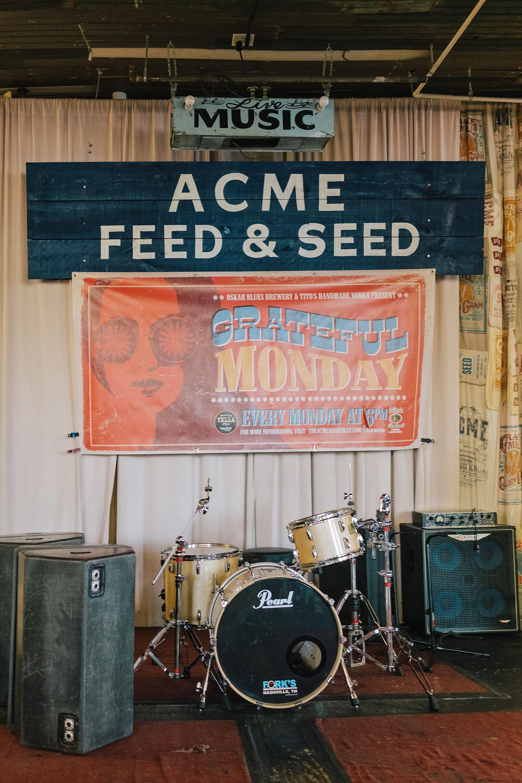 Acme Feed & Seed is a feed store turned restaurant-cocktail-entertainment space on Lower Broadway. Sometimes there is live music, too!