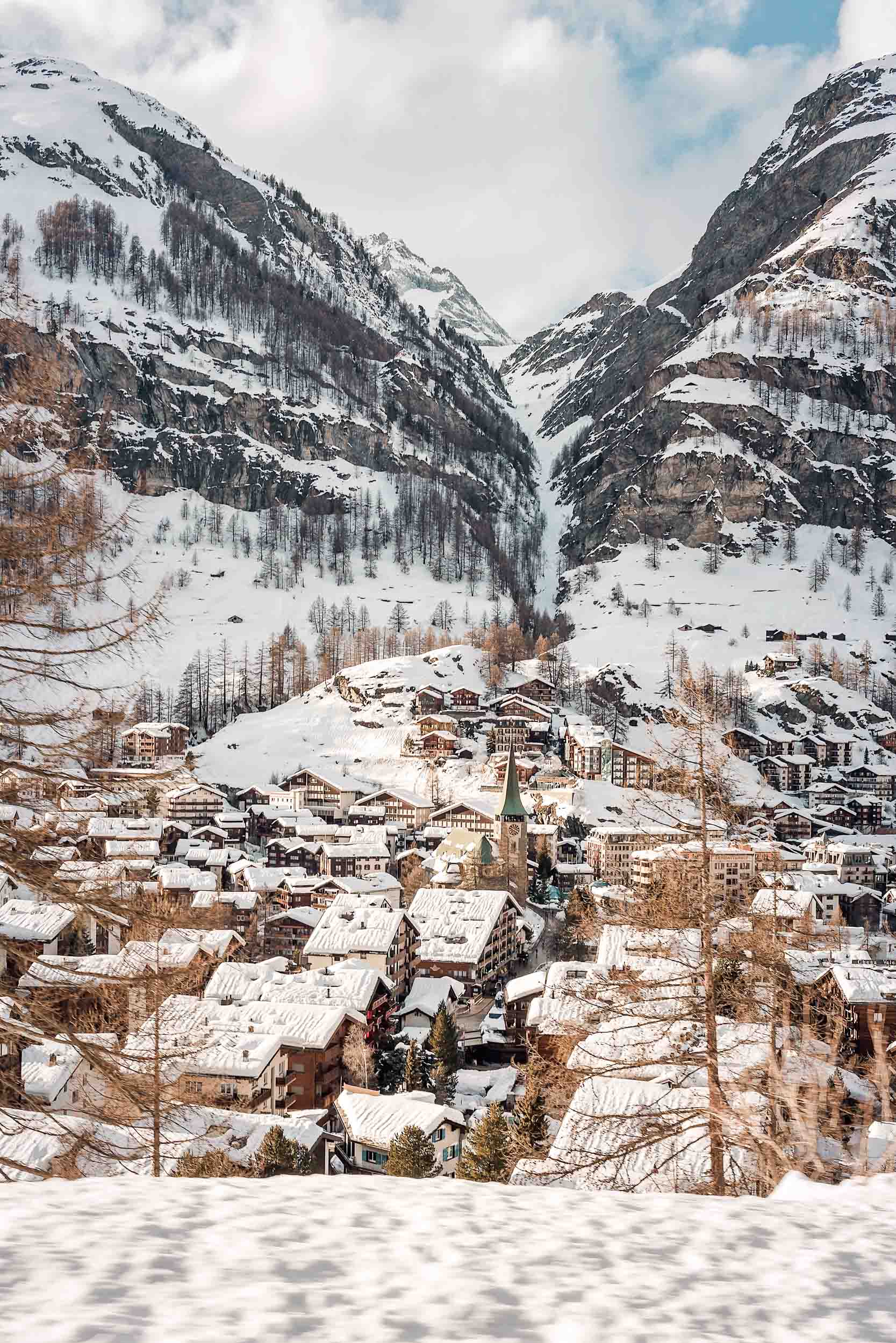A view of Zermatt, Switzerland from the train coming down from the mountains