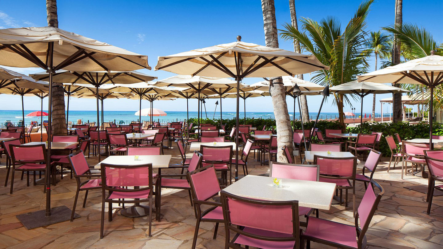 The patio of the Royal Hawaiian, a Waikiki beachfront hotels