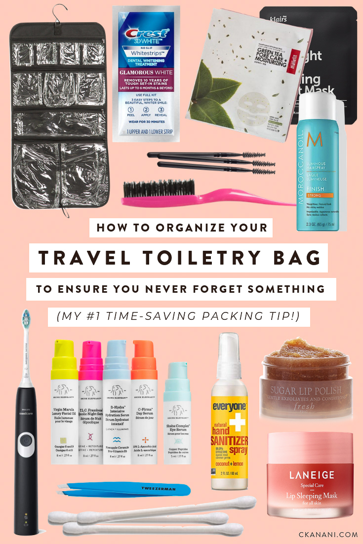 How to pack and organize your travel toiletry bag to ensure you never forget something! My #1 time-saving packing tip. #packingtips #traveltips #packinglist #packing #beautytips 