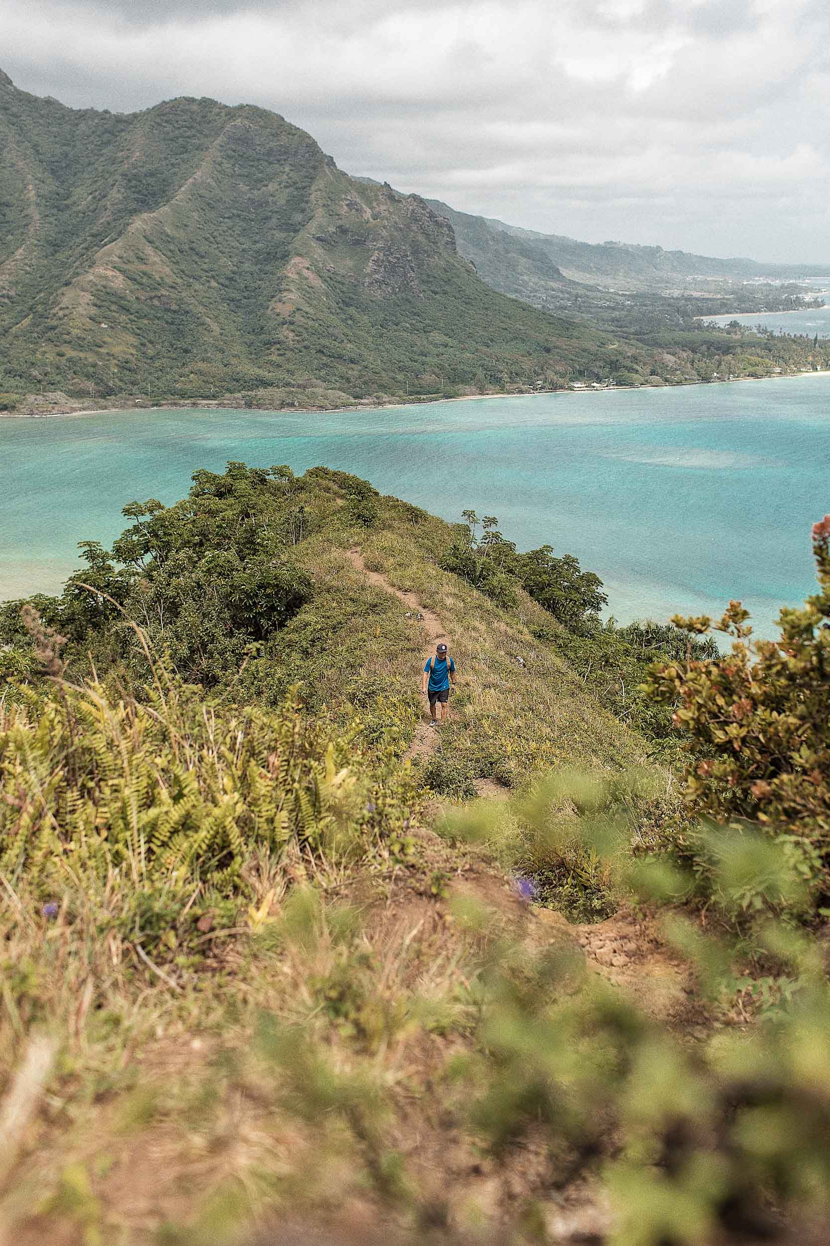 Sunny and beautiful views of Kahana Bay while walking along the Crouching Lion Hike