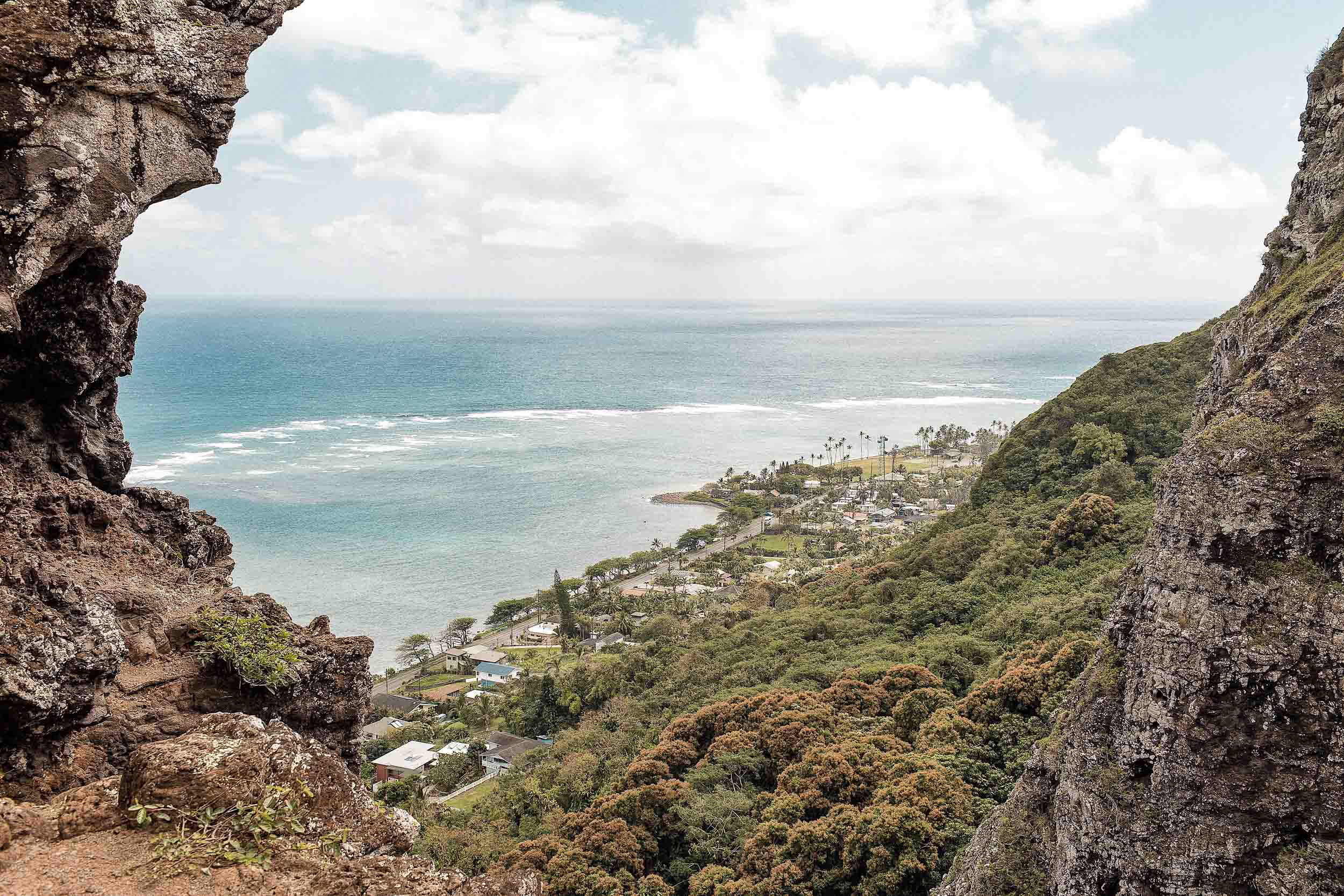 Looking down at the Kam Highway from the top of Crouching Lion Hawaii