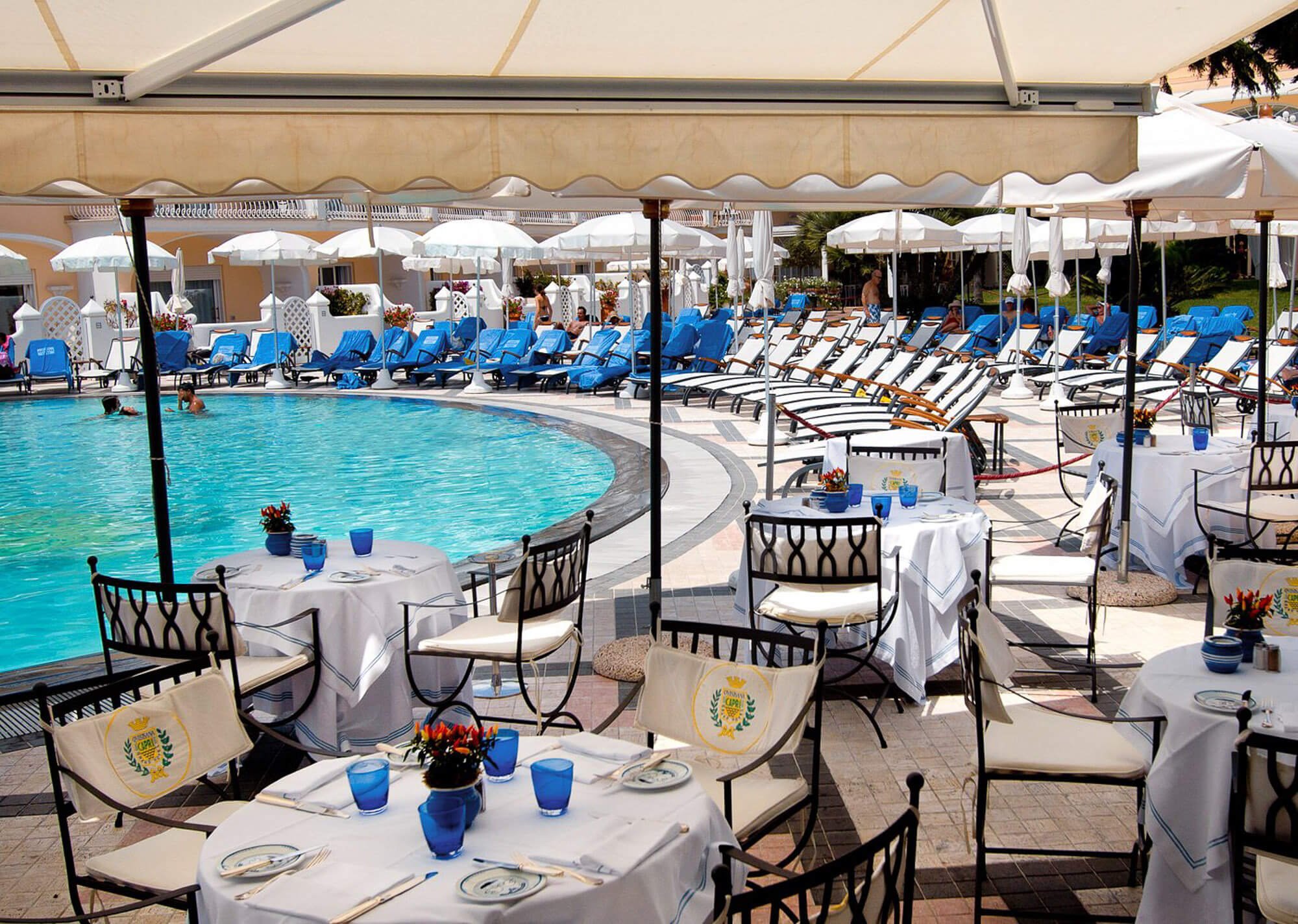 Poolside dining in Capri at Grand Hotel Quisisana