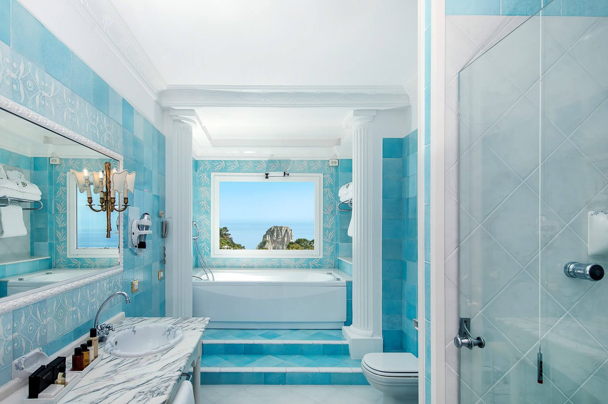 A bathroom view at luxury hotel Grand Hotel Quisisana, one of the best 5 star hotels in Capri Italy