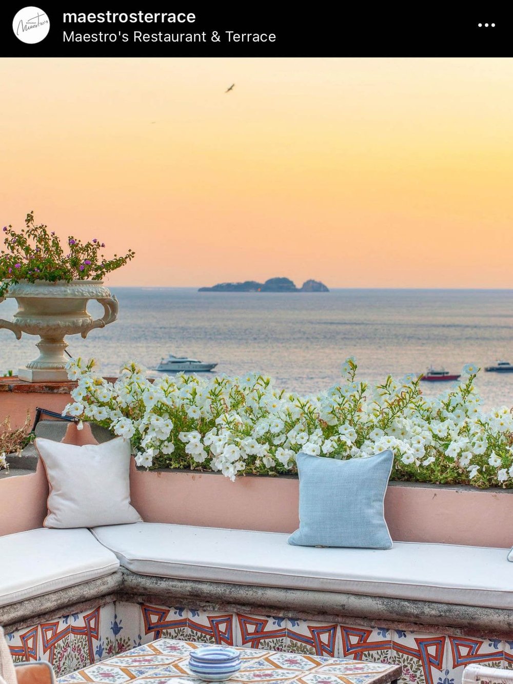 Sunset views of the sea in Positano from Maestro, one of the best restaurants in Positano