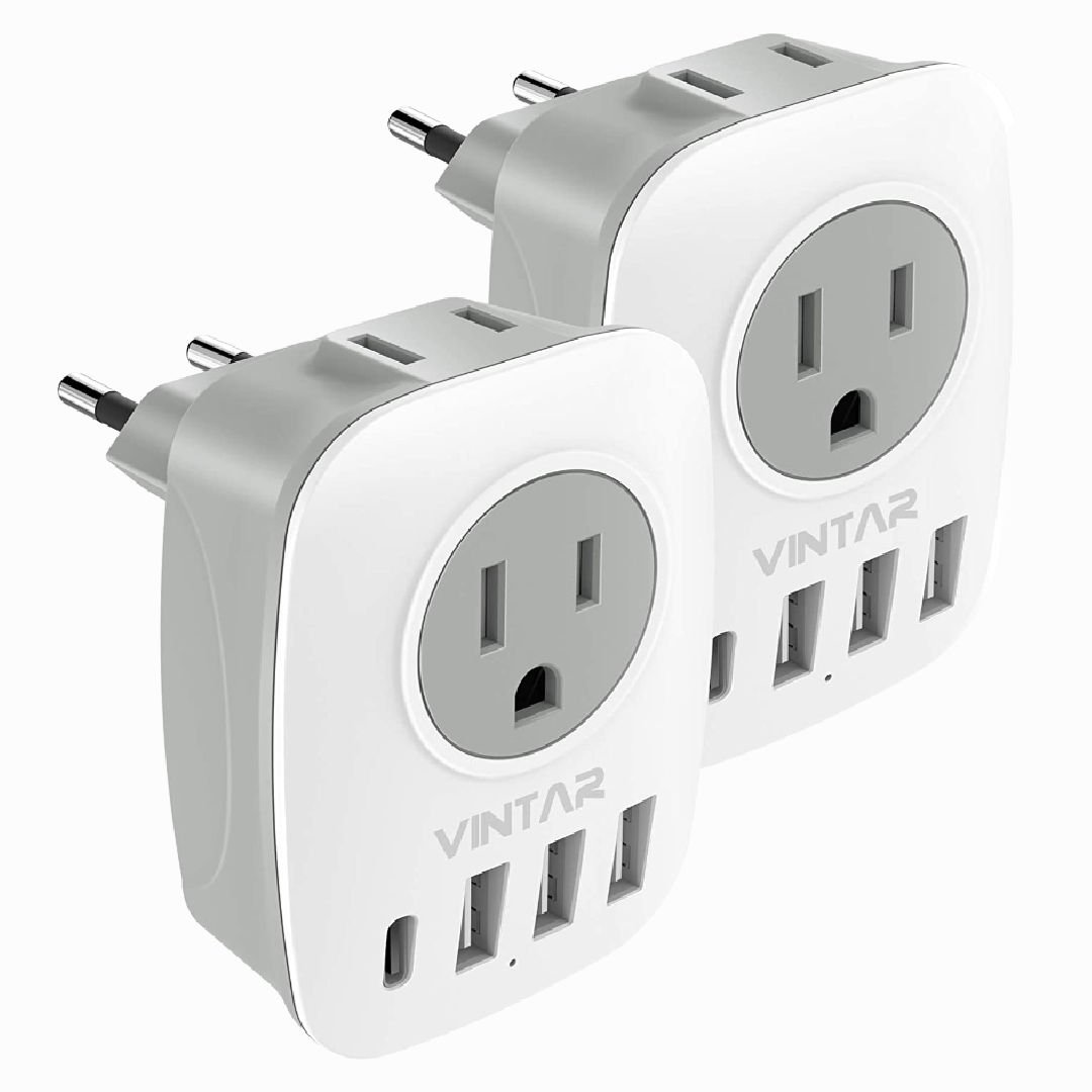 [2-Pack] European Travel Plug Adapter, VINTAR International Power Adaptor with 1 USB C, 2 American Outlets and 3 USB Ports, 6 in 1 Travel Essentials to Most of Europe Greece, Italy