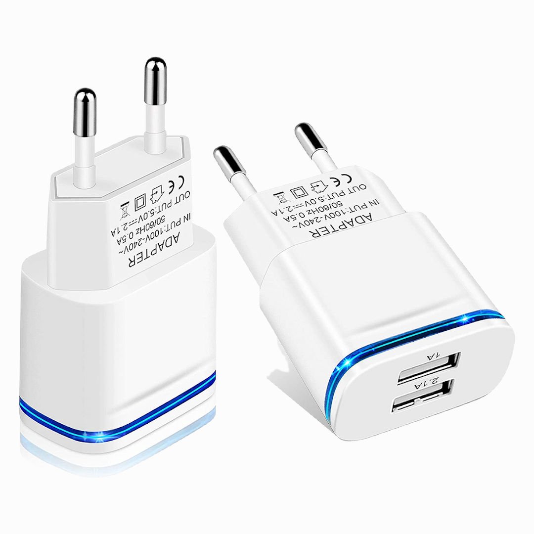 LUOATIP European Plug Adapter, 2-Pack Travel Charger 2.1A/5V Dual Port USB Wall Charging Block Power Cube Adaptor Brick Box for iPhone, Android for US to Most of Europe EU Spain Italy France Germany