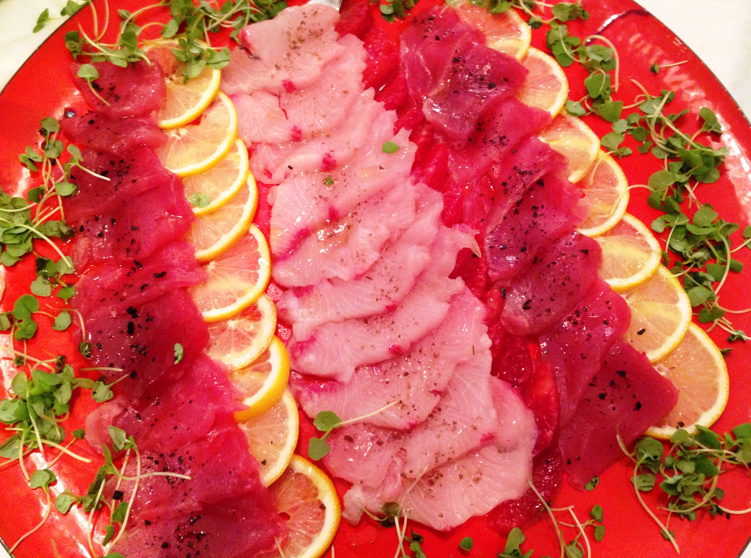 Tuna sashimi with truffled salt & hamachi sashimi with smoked salt