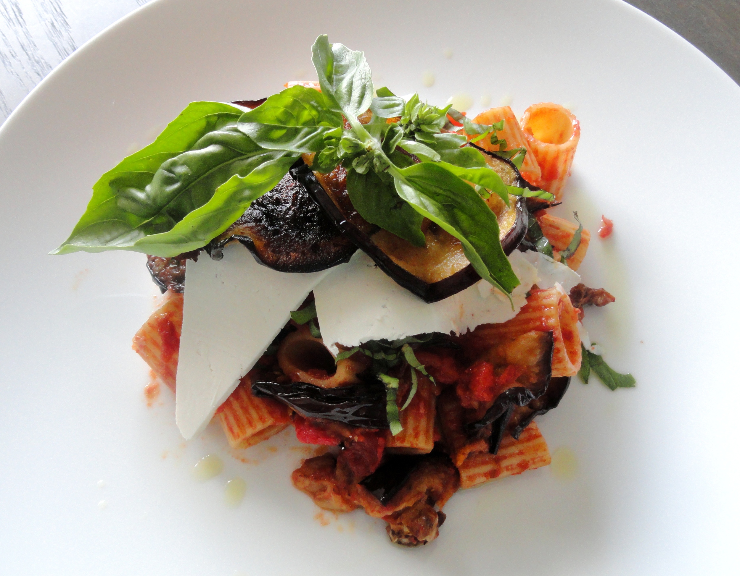 Rigatoni alla Norma: tomato, eggplant, ricotta salata and basil