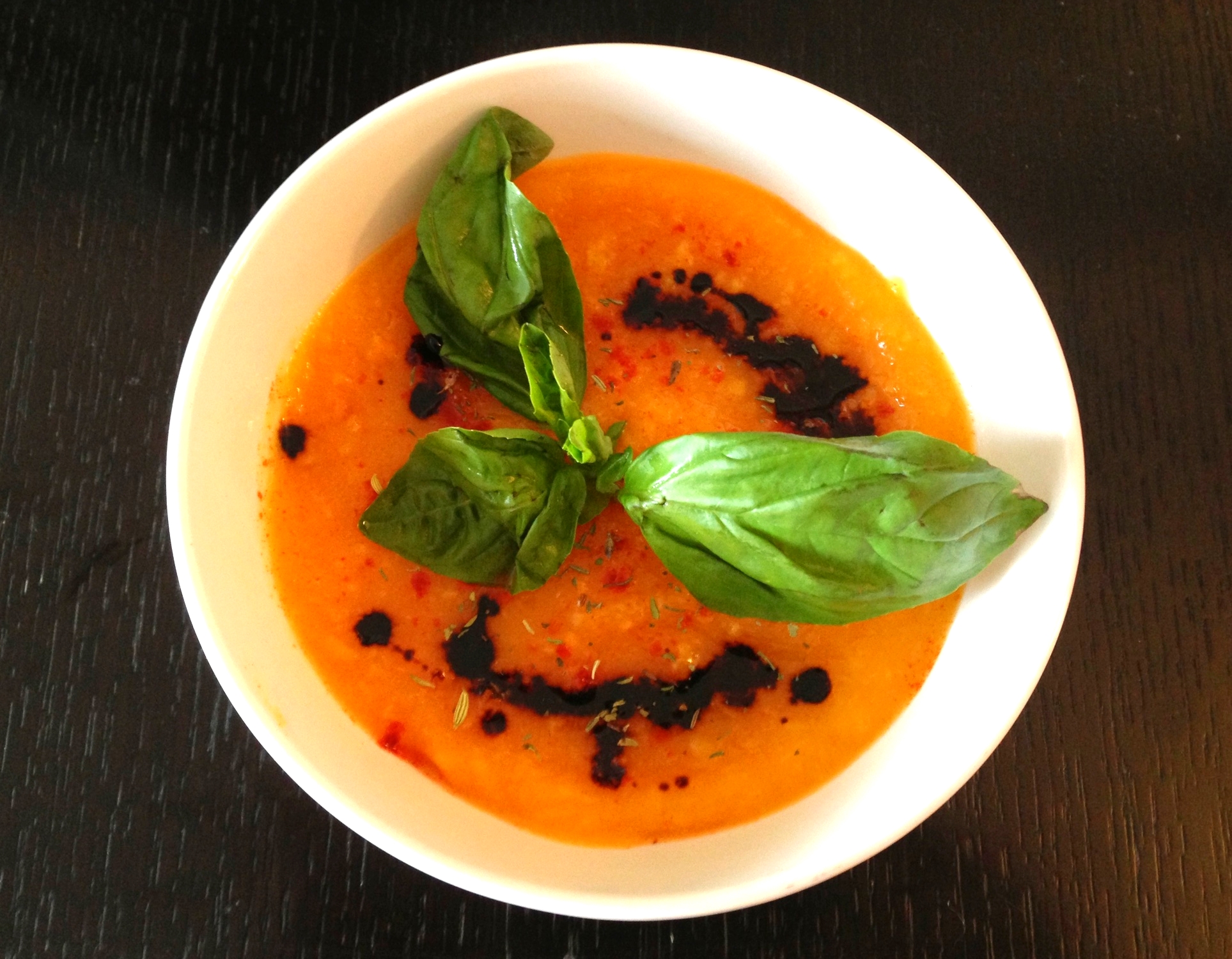 Pumpkin soup with smoked paprika, aged balsamic, and basil