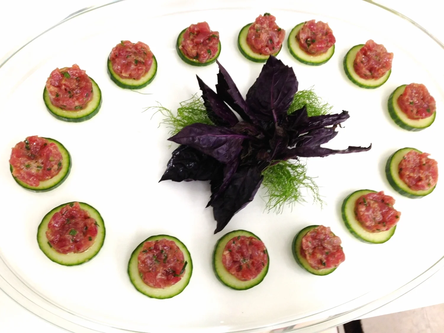 Asian tuna tartare on cucumber crisps