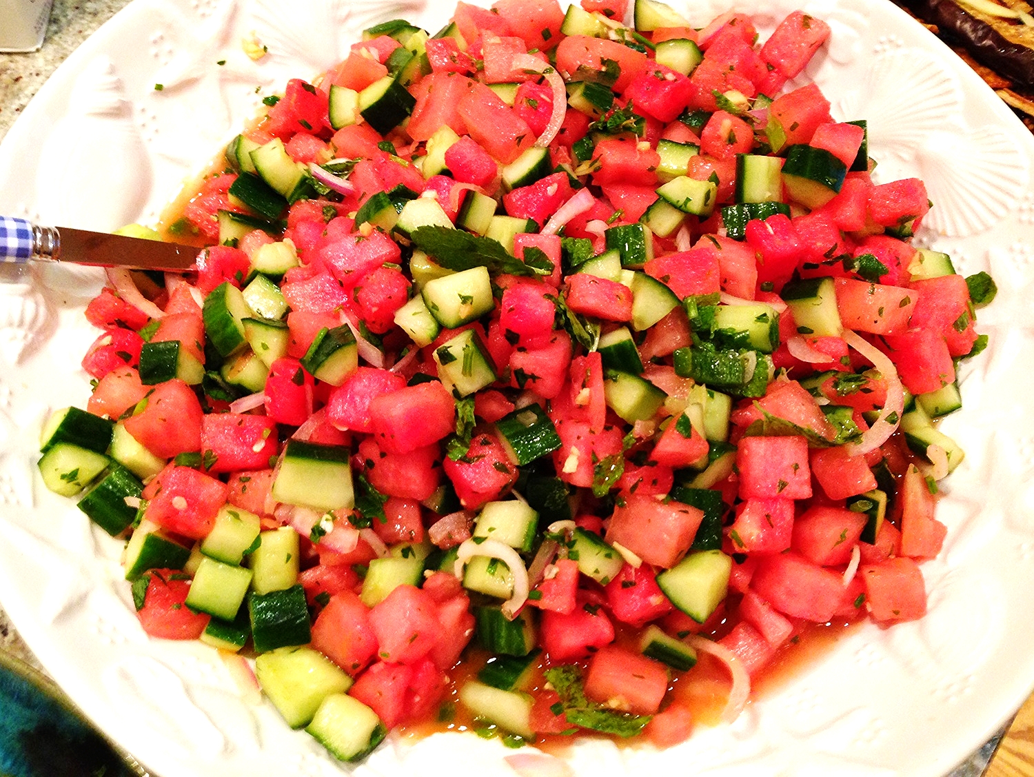 Thai watermelon and cucumber salad with red onion and mint
