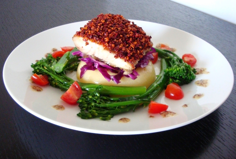 beet and sweet potato chip-crusted sea bass, polenta, red cabbage slaw, and broccoletti with whole grain mustard sauce