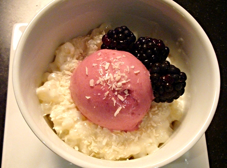 Coconut tapioca pudding with blackberry ice cream
