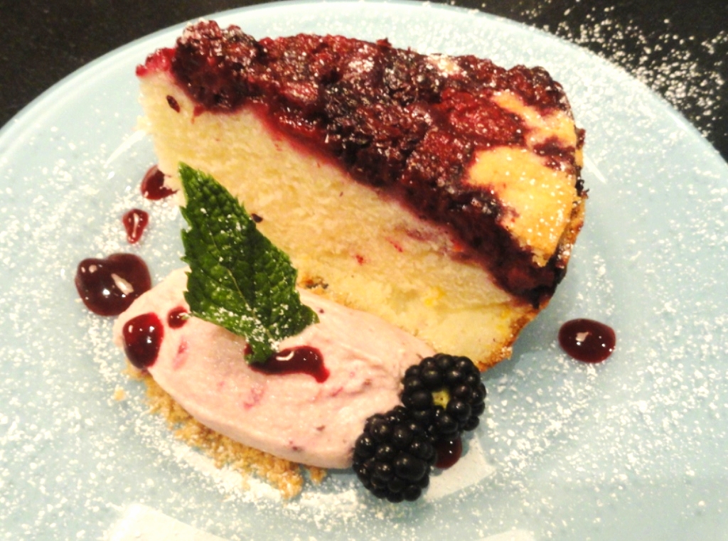 Blackberry-buttermilk upside-down cake with blackberry-mascarpone mousse